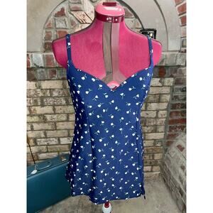 one piece swimsuit swimdress Vintage floral blue white green